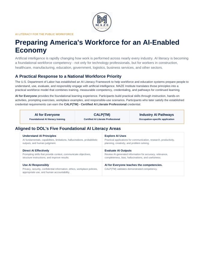 Cover of the MAZE Institute brief: AI Literacy for the Public Workforce